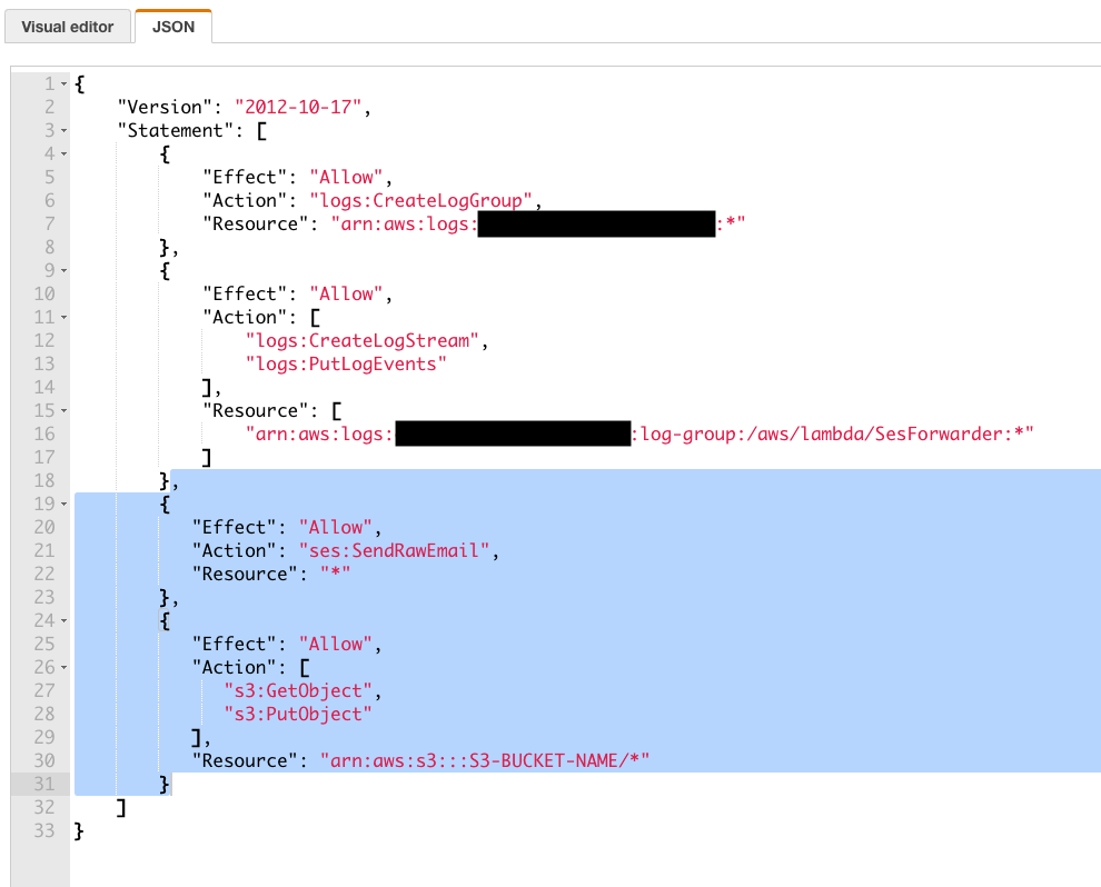 domain email aws lambda ses policy