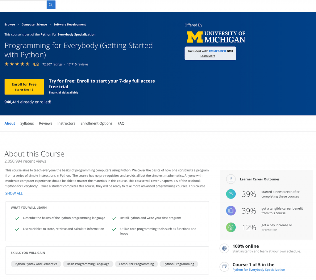 university of michigan getting started with python course